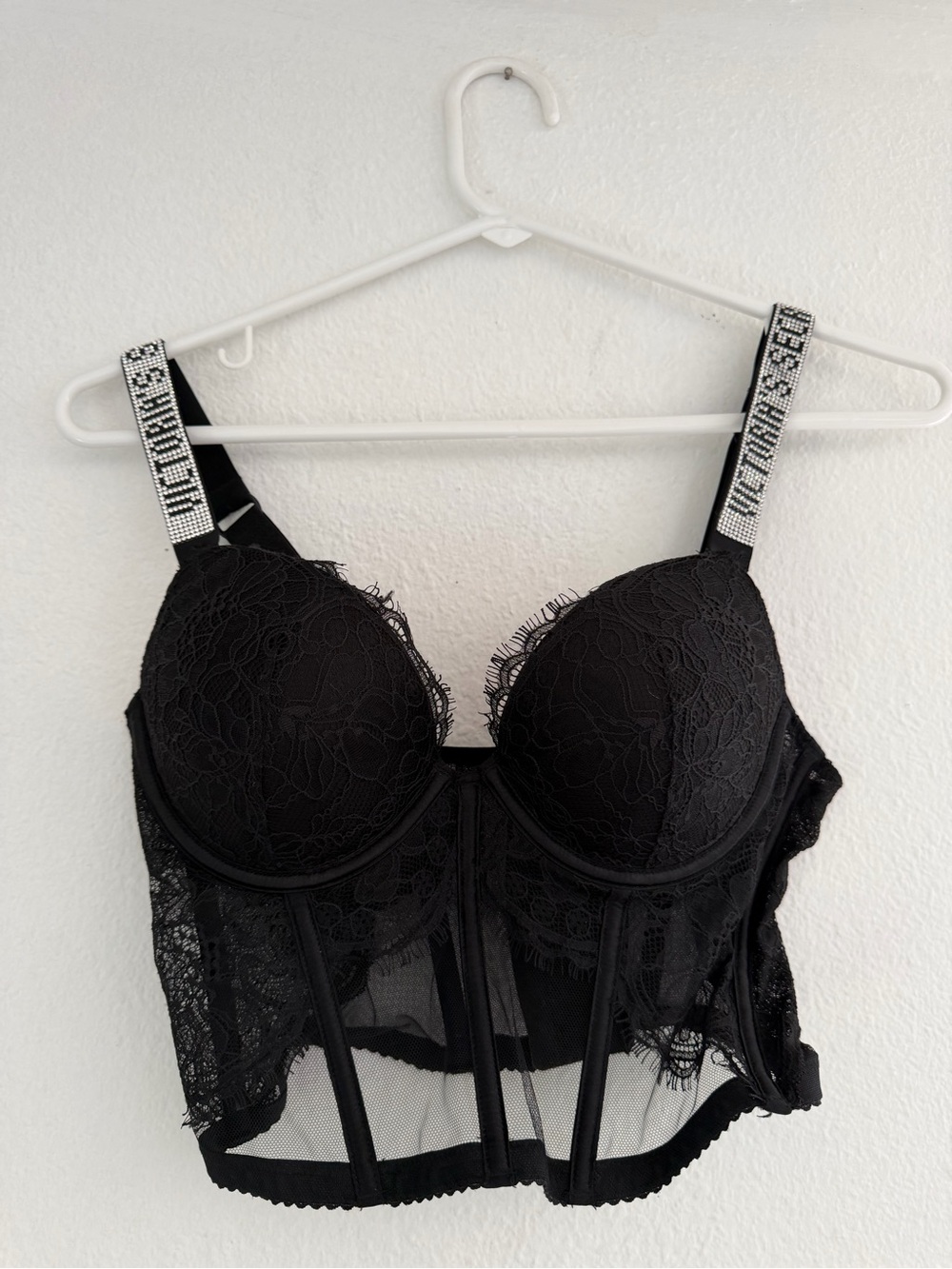 Victoria's Secret black lace corset top with rhinestone straps